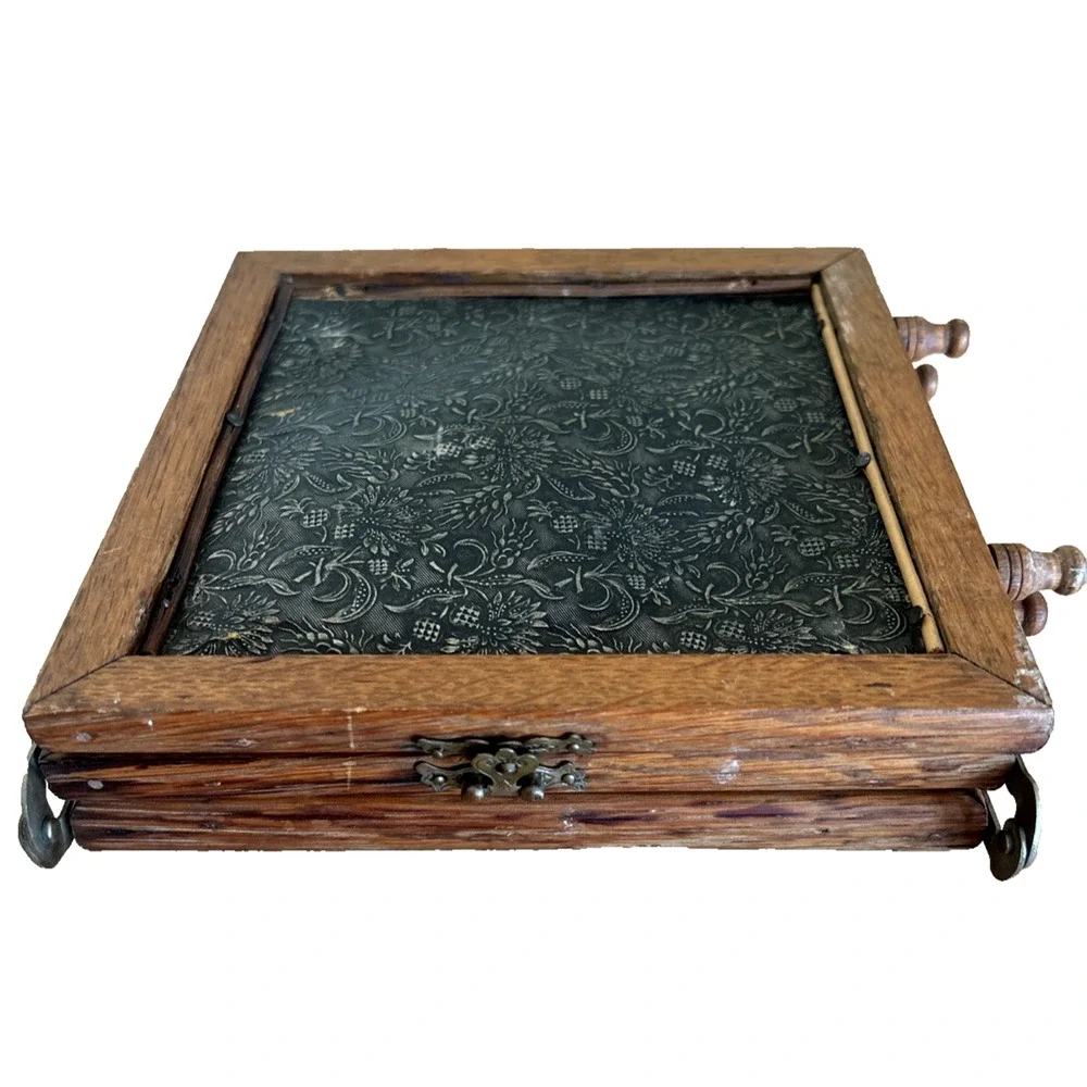 Antique Victorian Oak Tri Fold Shaving Travel Mirror Beveled Glass 23